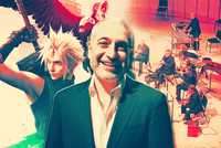 Eric Roth smiling on a background with Cloud and Sephiroth and part of his orchestra.