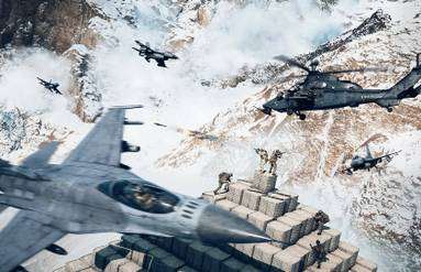 Four jets and a helicopter flying past snowy terrain while soldiers duke it out atop a tower of sandbags.