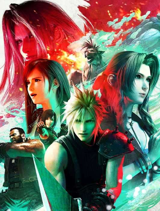 Key art for Final Fantasy 7 Rebirth's Steam release showing its cast of characters.