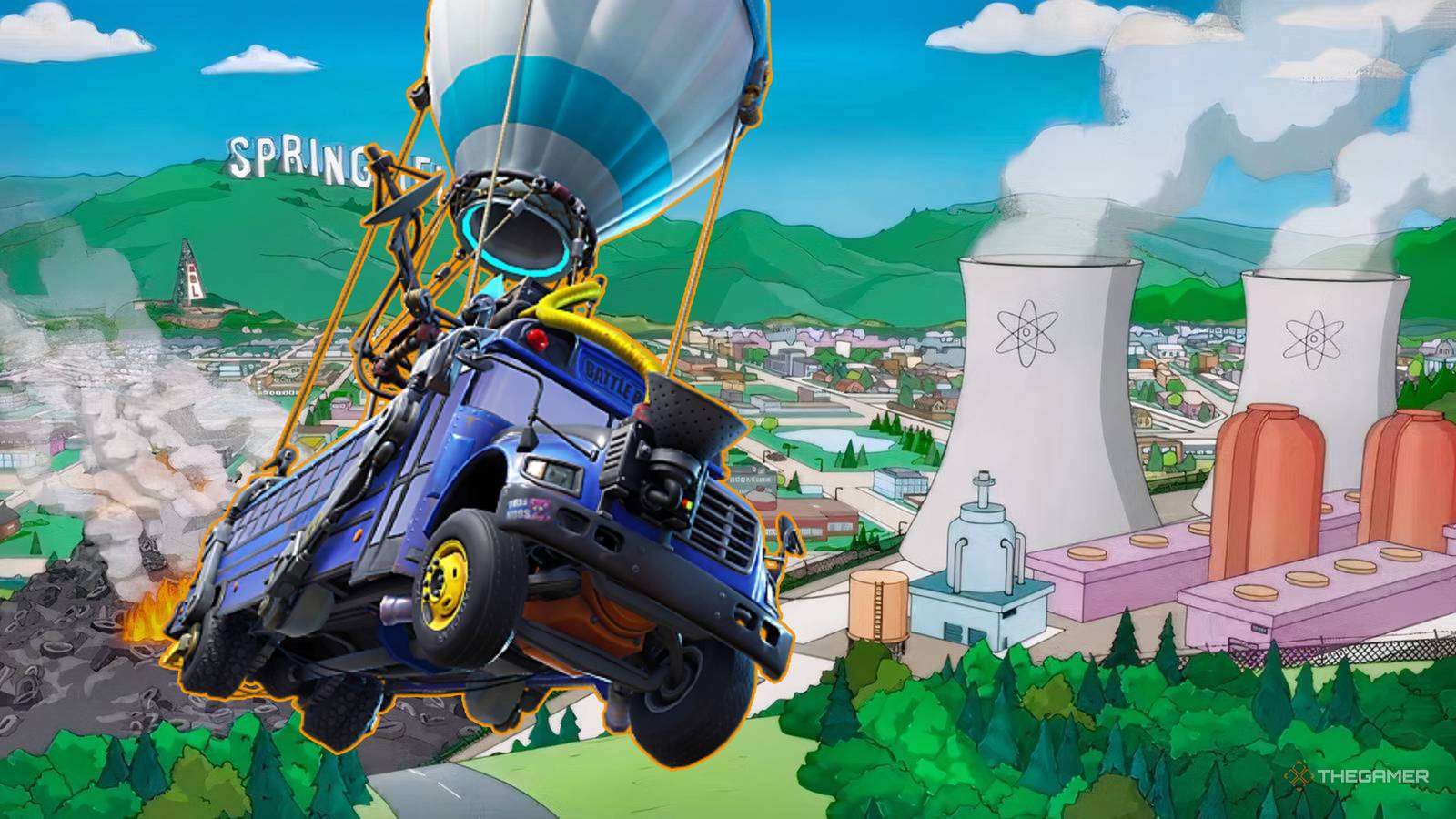 fortnite battle bus flying over springfield.